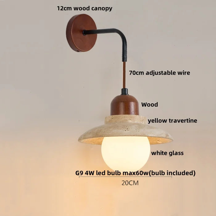 Afralia™ Wood Canopy LED Wall Sconce Yellow Travertine Stone Nordic Modern Light