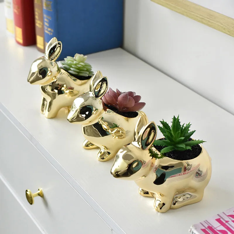 Afralia™ Golden Rabbit Ceramic Flower Pot | Cartoon Succulent Planting Vase