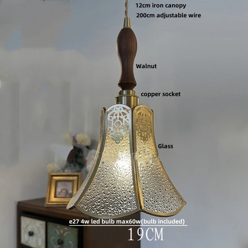 Afralia™ Walnut Wood LED Pendant Light Fixture Hand Stitched Glass Hang Lamp