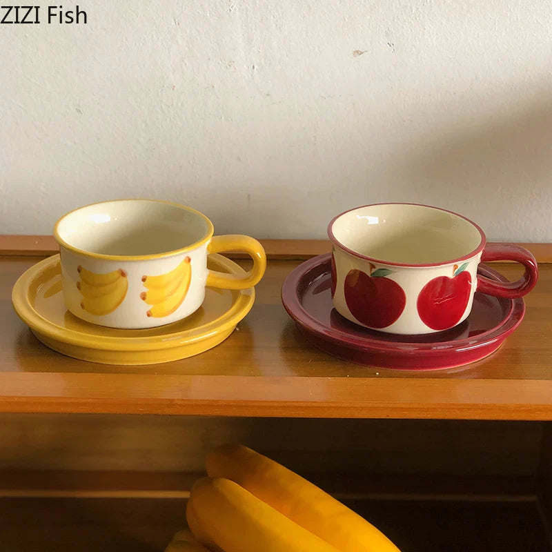 Afralia™ Red Apple Pattern Porcelain Coffee Mug Set of 2