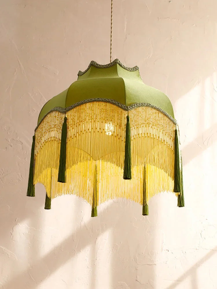 Afralia™ Vintage Green Velvet Tassels Pendant Lights Gold Lustre LED E27 for Home & Cafe
