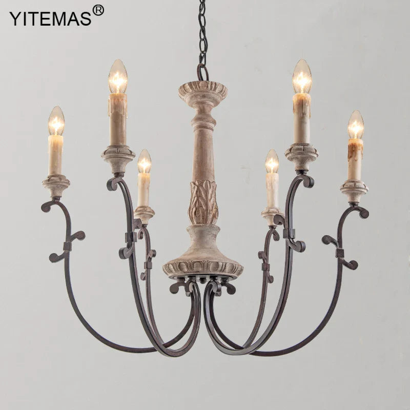 Afralia™ Vintage French Chandelier 6 Lights Retro Wooden 4 Lights for Living Room Bedroom Dining
