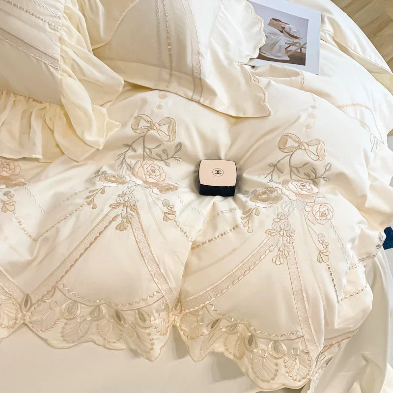 Afralia™ Rose Flower Embroidered 1000TC Egyptian Cotton Bedding Set
