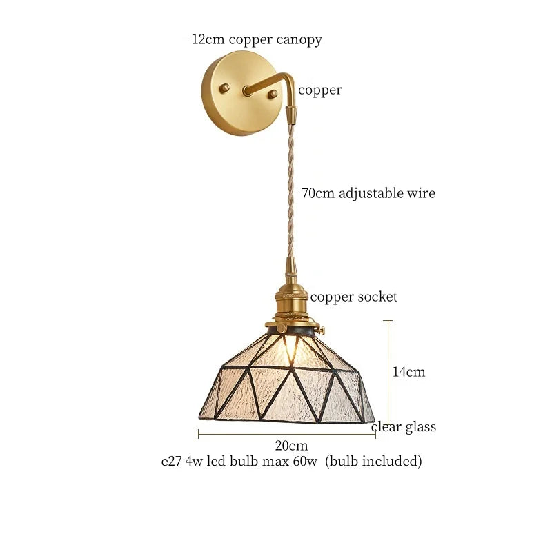 Afralia™ Tiffany Glass LED Wall Lamp Pull Chain Switch Vintage Copper Wall Lights