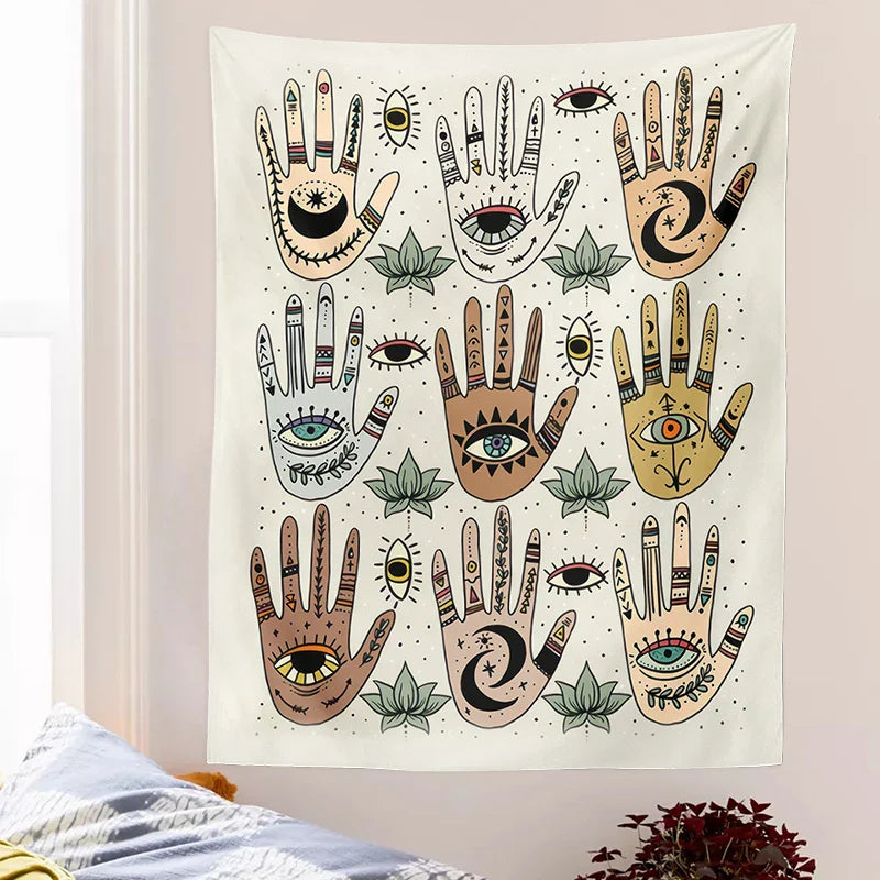 Moon Phase Evil Eye Hamsa Hand Tapestry Wall Hanging for Mystical Witchy Vibes by Afralia™