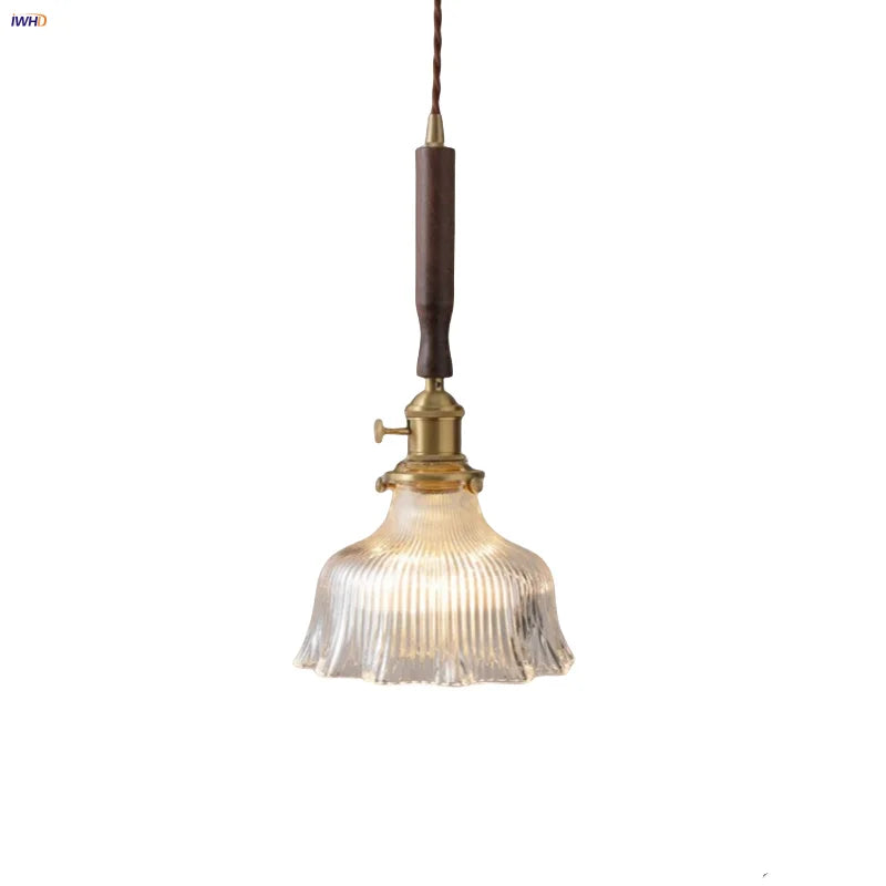 Afralia™ Glass LED Pendant Lamp Walnut Wood Copper Switch Nordic Hanging Light