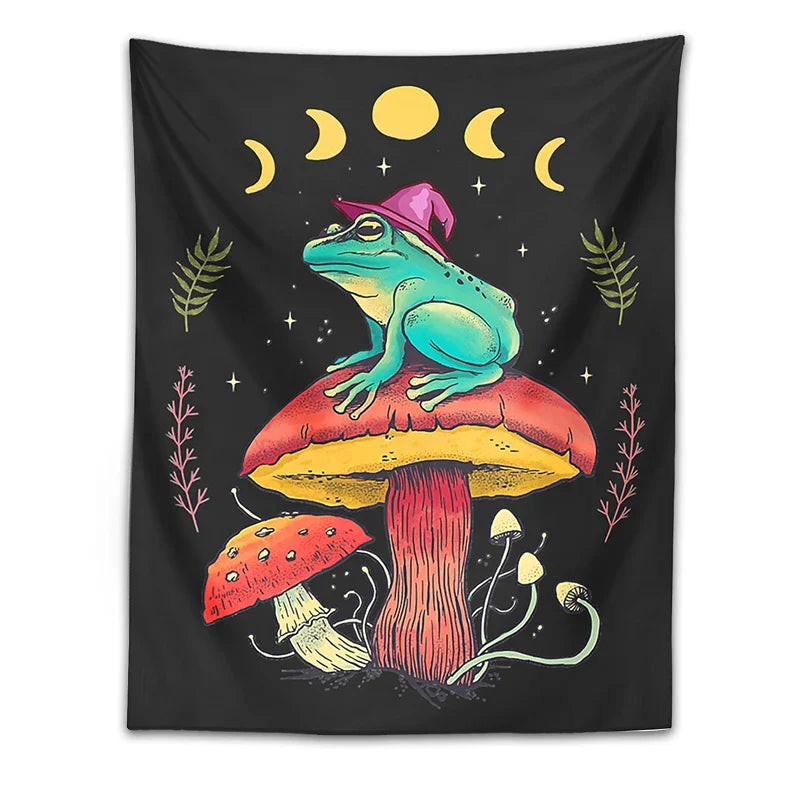 Afralia™ Frog on Mushroom Tapestry Wall Hanging: Aesthetic, Magic, Wizard, Cottagecore, Boho, Hippie, Moon Phase