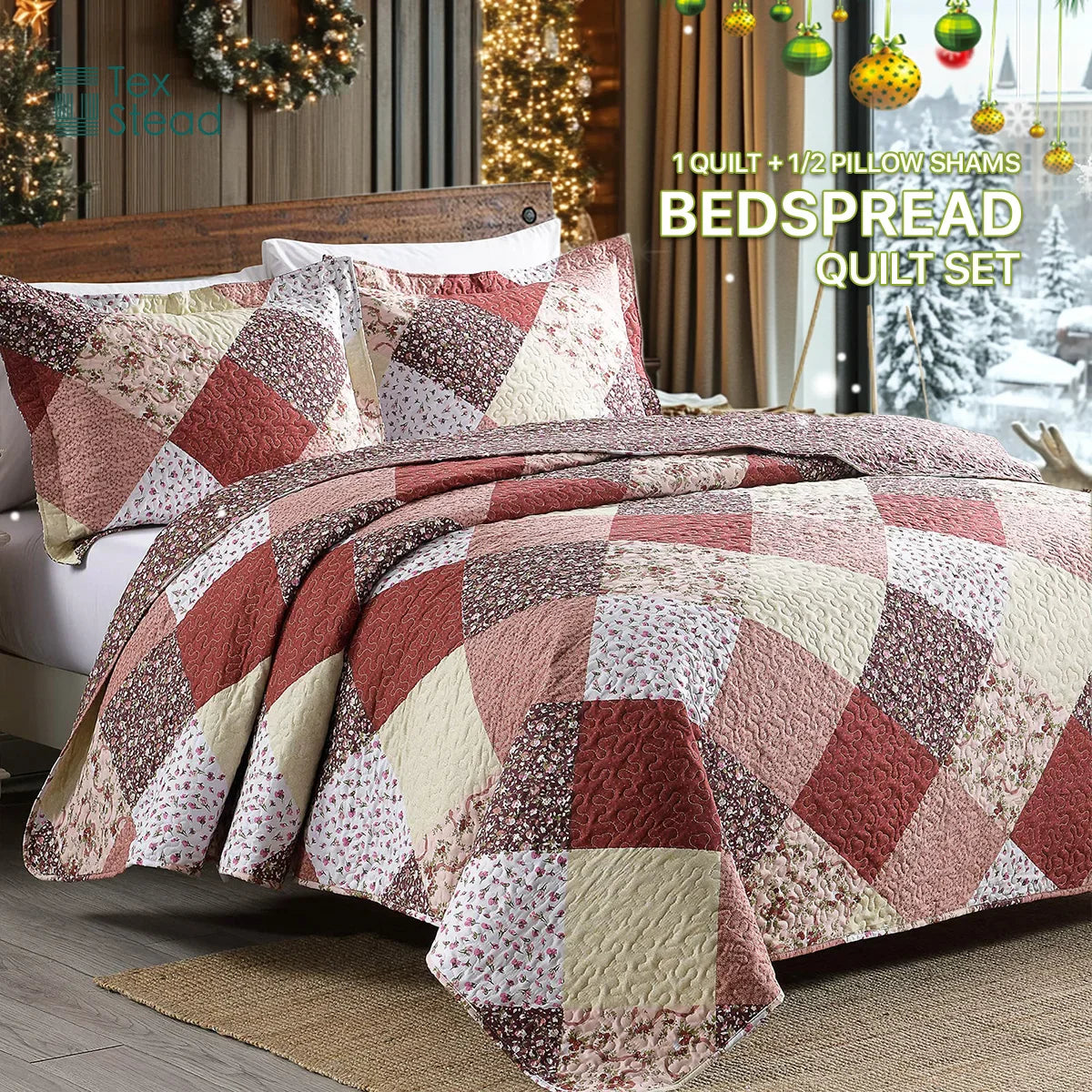 Afralia™ Multicolour Floral Patchwork Print Bedspread Set with Two Pillow Shams