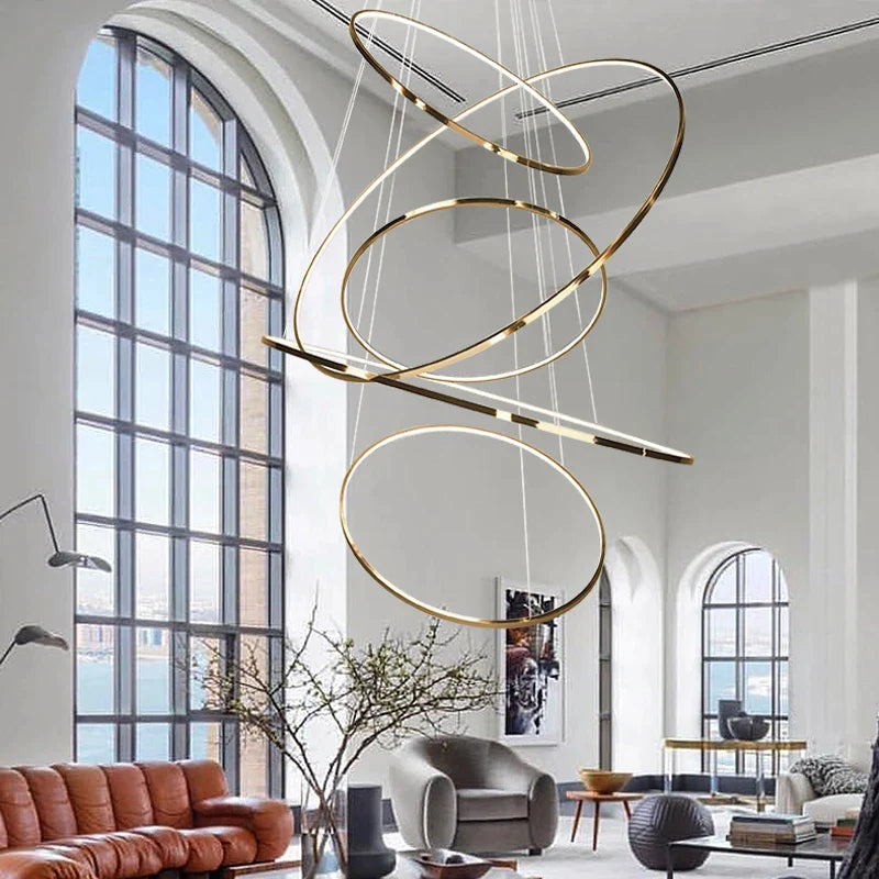 Afralia™ Stainless Steel Ring Living Room Chandelier, Duplex Staircase Inner Light-Emitting Lamps