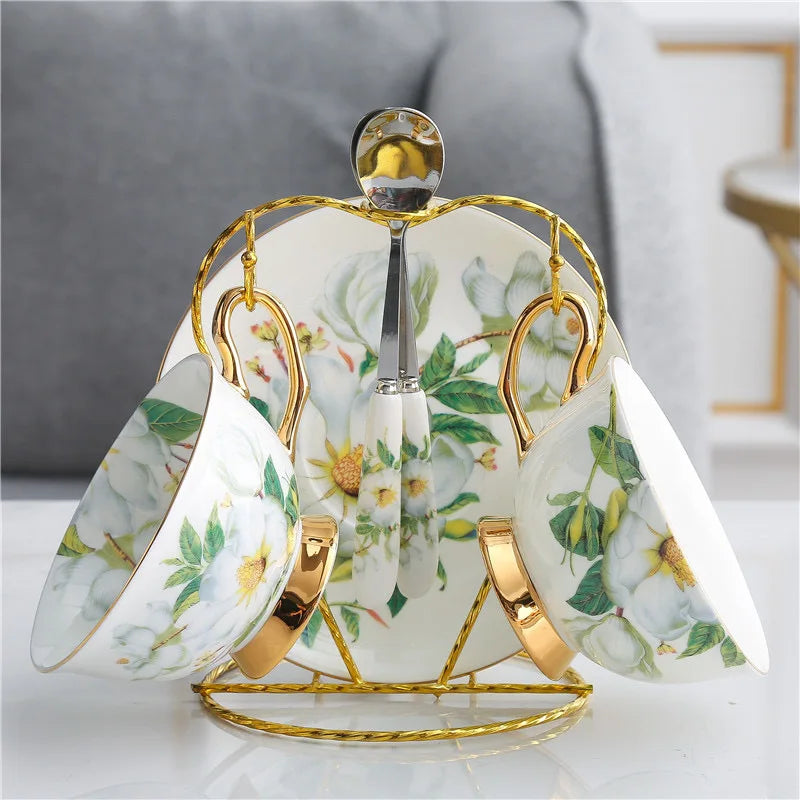 Afralia™ Green Flowers Ceramic Cup & Saucer Set for Coffee, Tea, Juice, and More