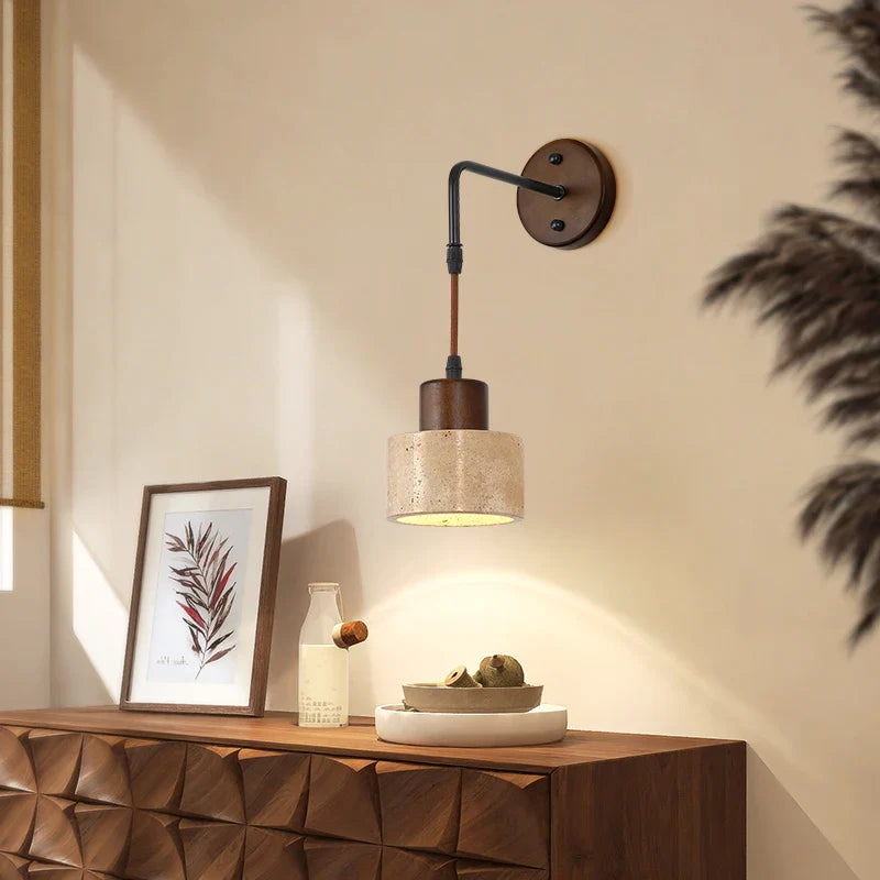 Afralia™ Wood Canopy LED Wall Sconce Yellow Travertine Stone Nordic Modern Light