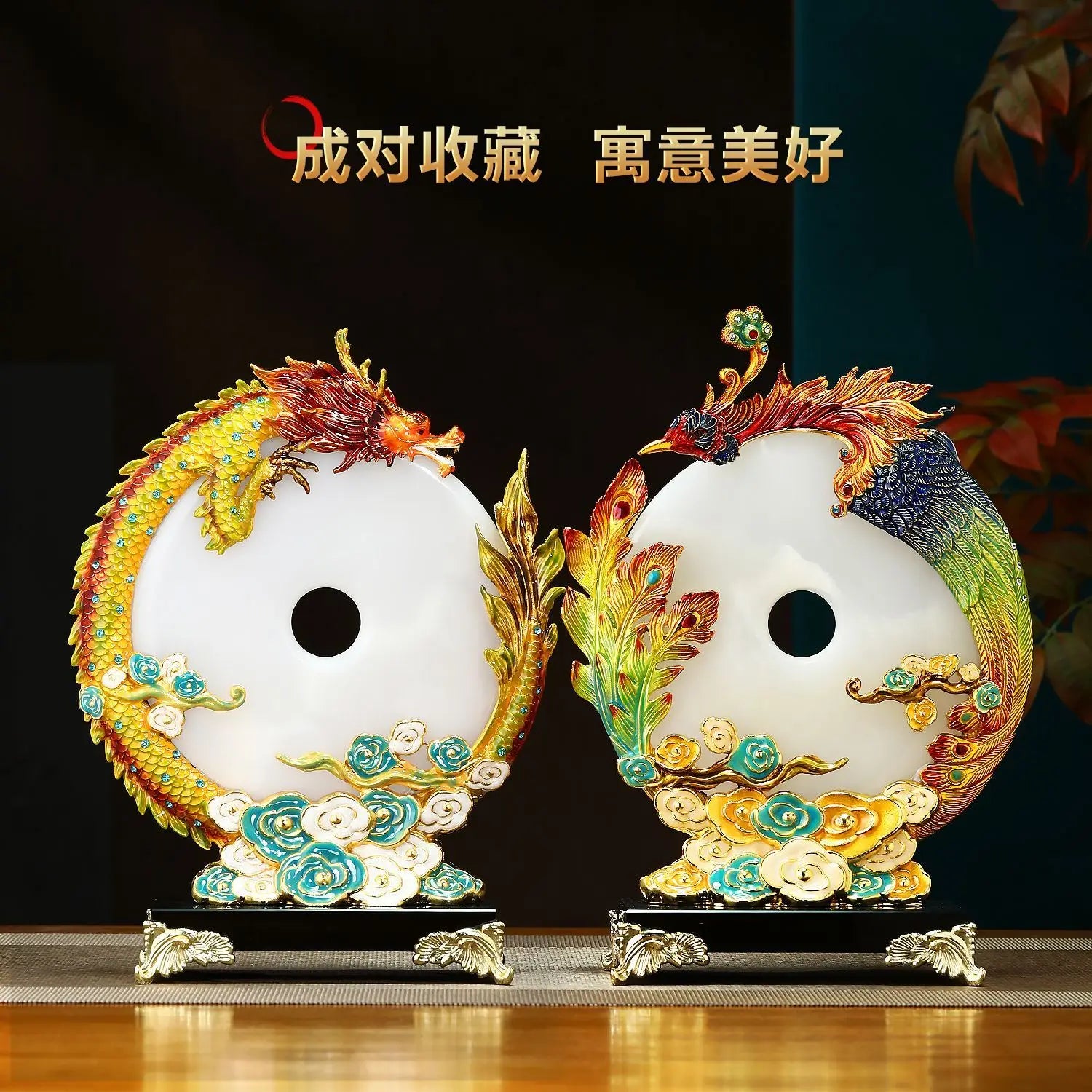 "Afralia™ Jade Dragon Phoenix Ornament Enamel Living Room Decoration"