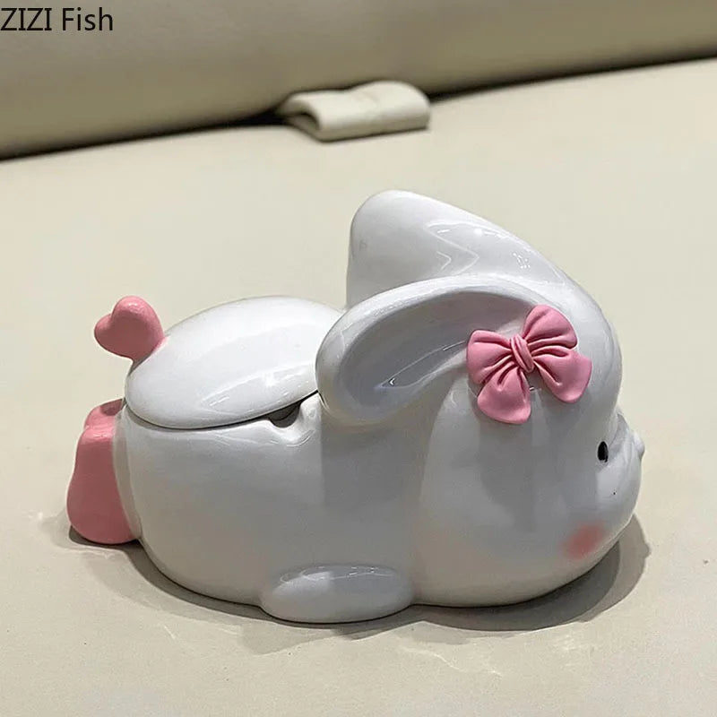 Afralia™ Pink Rabbit Ceramic Ashtray with Lid - Creative Cartoon Desk Decoration