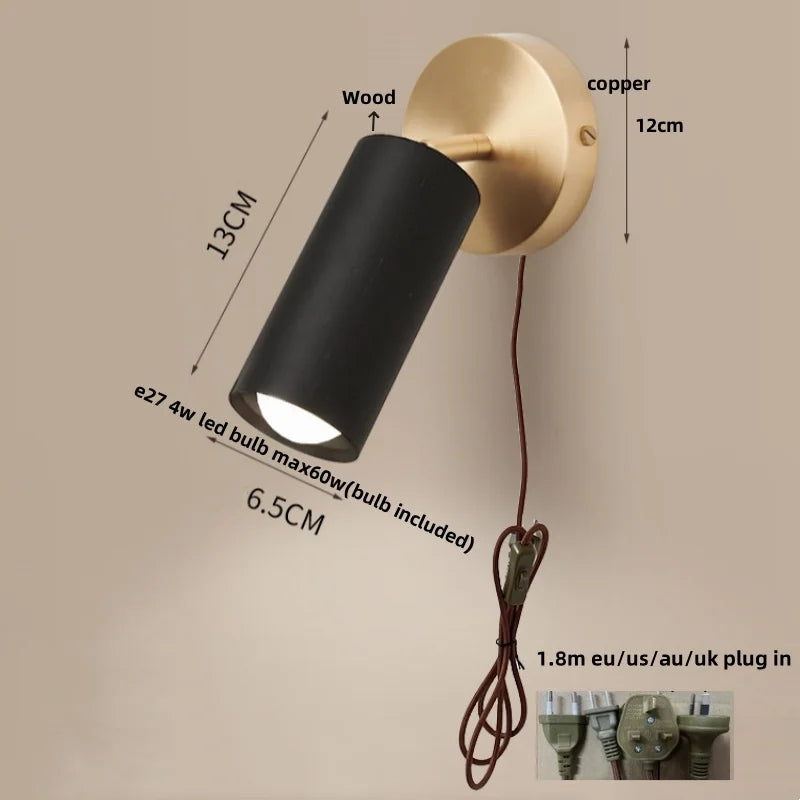 Afralia™ Wood Nordic LED Wall Light - Modern Copper Canopy Bedside Lamp