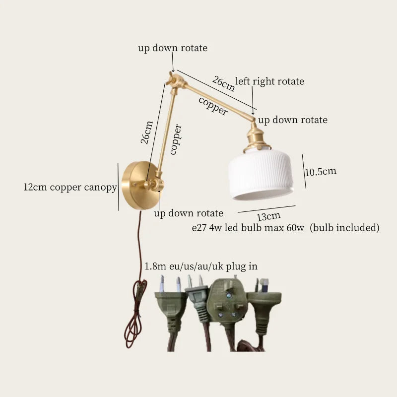 Afralia™ Ceramic LED Wall Lamp, Pull Chain Switch, Nordic Copper, Small Size