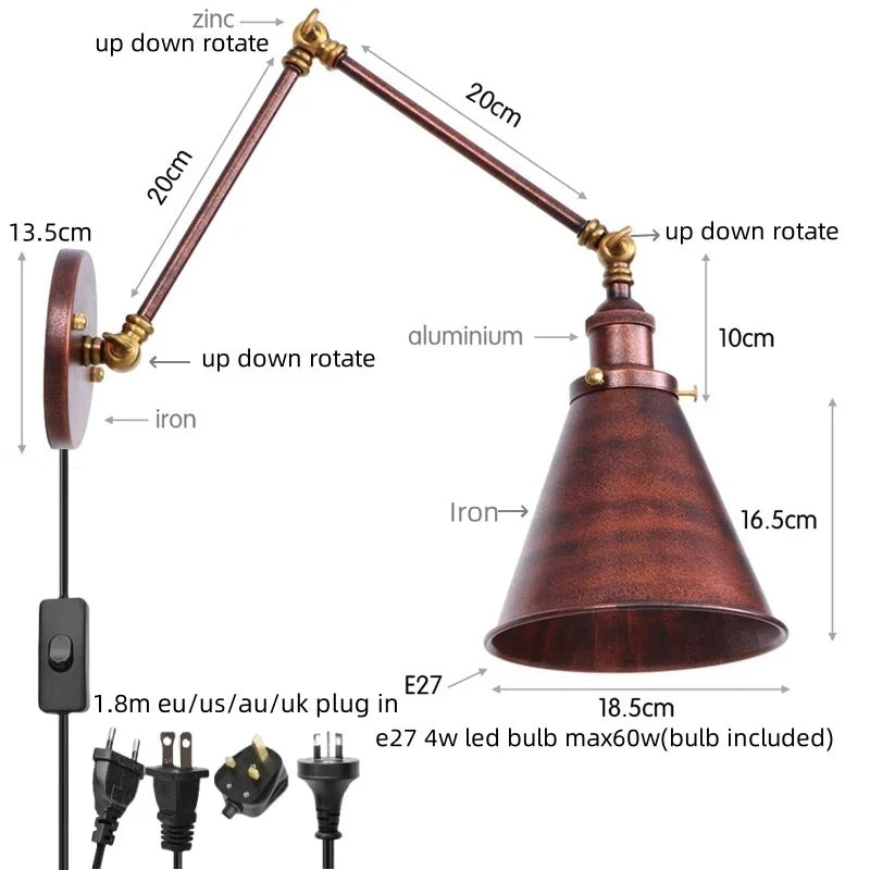 Afralia™ Silver Iron LED Swing Arm Wall Lights, Industrial Style, Plug-In, Stair & Bedside Lamp