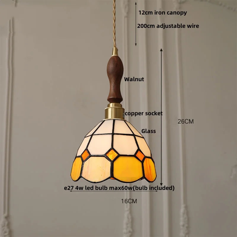 Afralia™ LED Adjustable Pendant Light Fixture Amber Glass Walnut Wood Bar Hanging Lamp