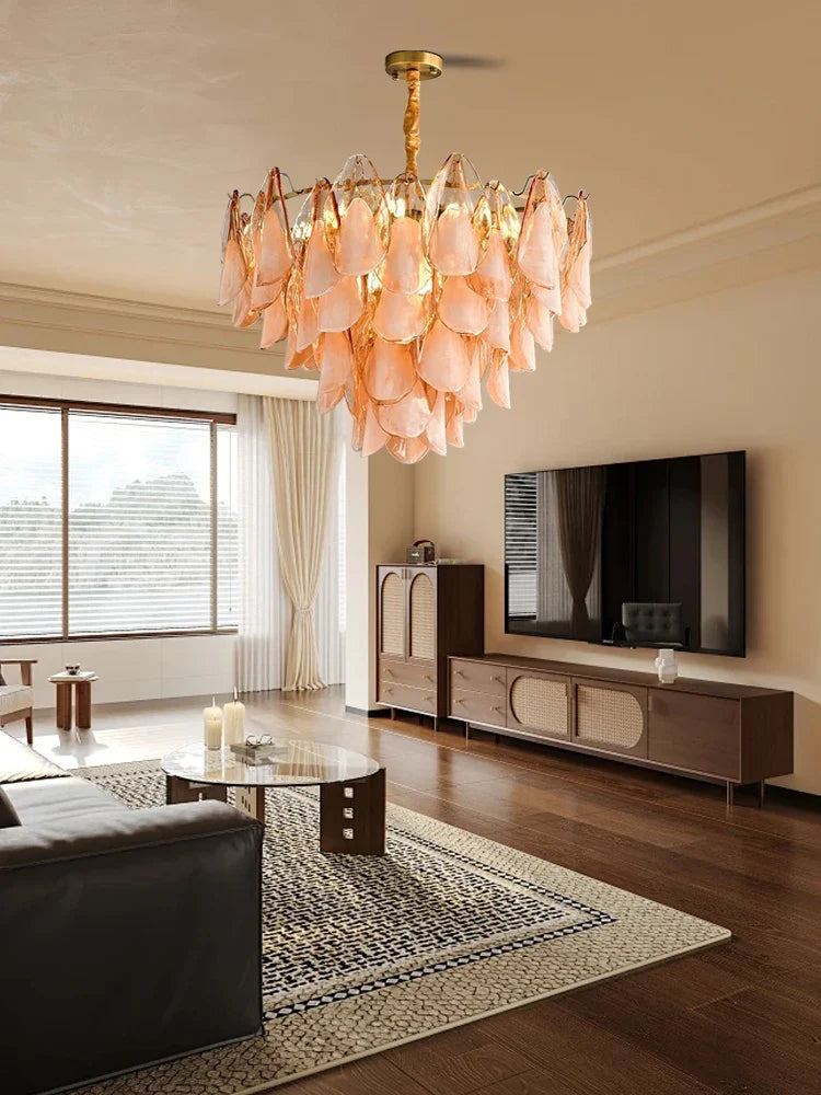 Afralia™ Gold Chrome Amber Glass Petal Chandelier Leaf Luxury Hanging Lamp