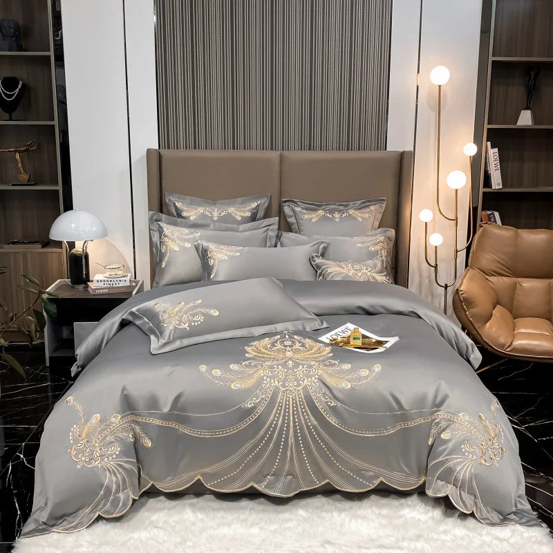 Afralia™ Gold Feather Embroidery Egyptian Cotton Patchwork Bedding Set