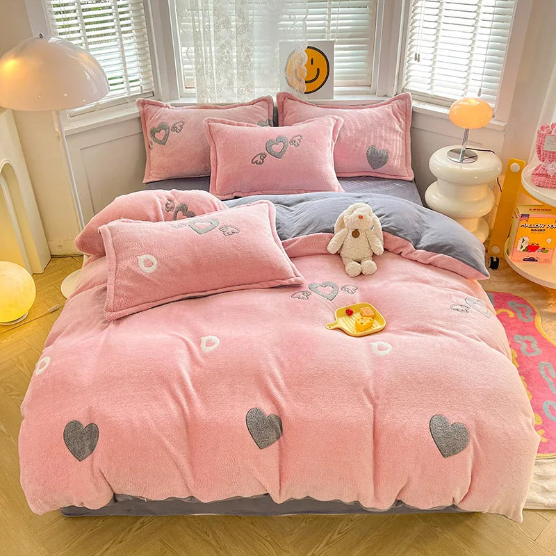 Afralia™ Flower Print Thicken Winter Warm Bedding Set with Sheet Pillowcases