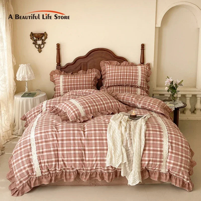 Afralia™ Plaid French Pastoral Cotton Bedding Set Full Queen King Size