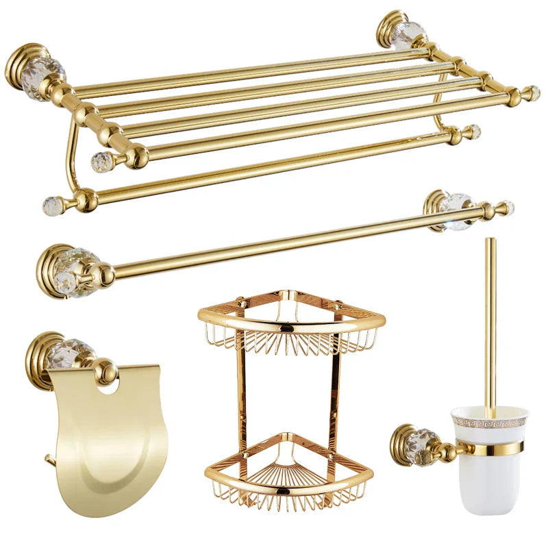 Afralia™ Brass and Crystal Bathroom Accessories Set: Shelf, Robe Hook, Paper Holder, Brush Holder