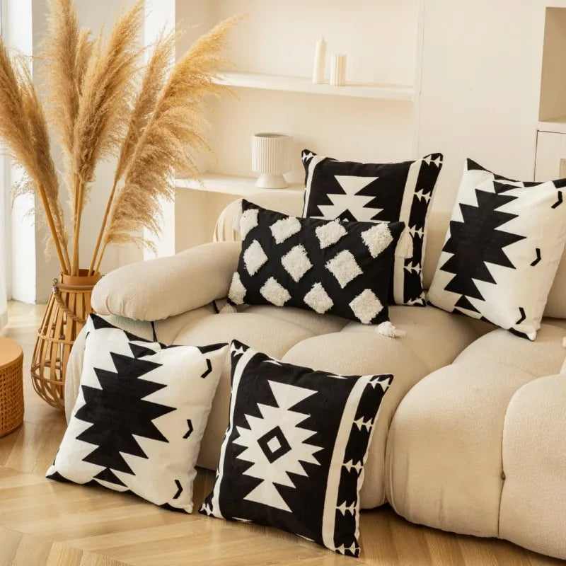 Afralia™ Geometric Embroidered Cushion Cover - Modern Black & White Pillowcase for Home Sofa