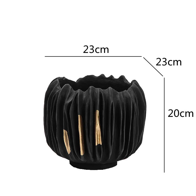 Afralia™ Black Gold Crease Texture Resin Vase - Abstract Home Decor Ornament