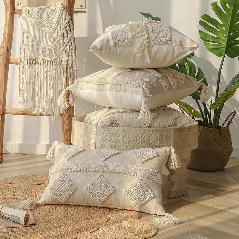 Afralia™ Boho Beige White Tufted Tassel Pillow Cover Set