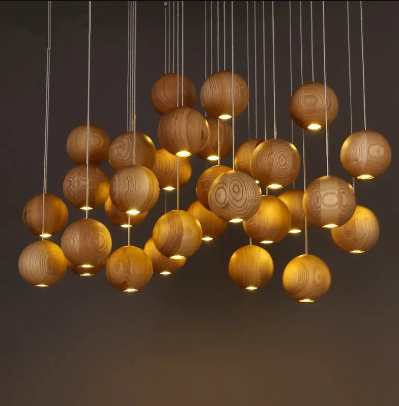 Afralia™ Wooden Ball LED Staircase Chandelier for Home & Hospitality