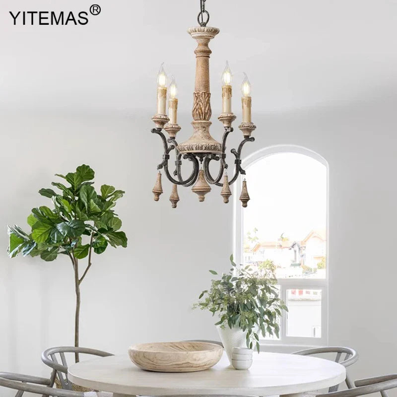 Afralia™ Vintage French Chandelier 6 Lights Retro Wooden 4 Lights for Living Room Bedroom Dining