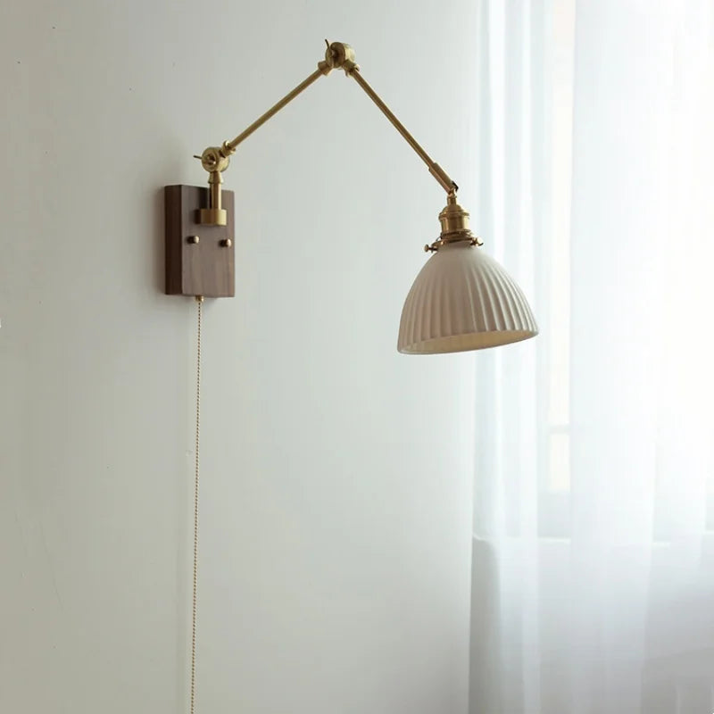 Afralia™ Ceramic Ball Brass Walnut Wood Wall Light with Pull Chain Switch
