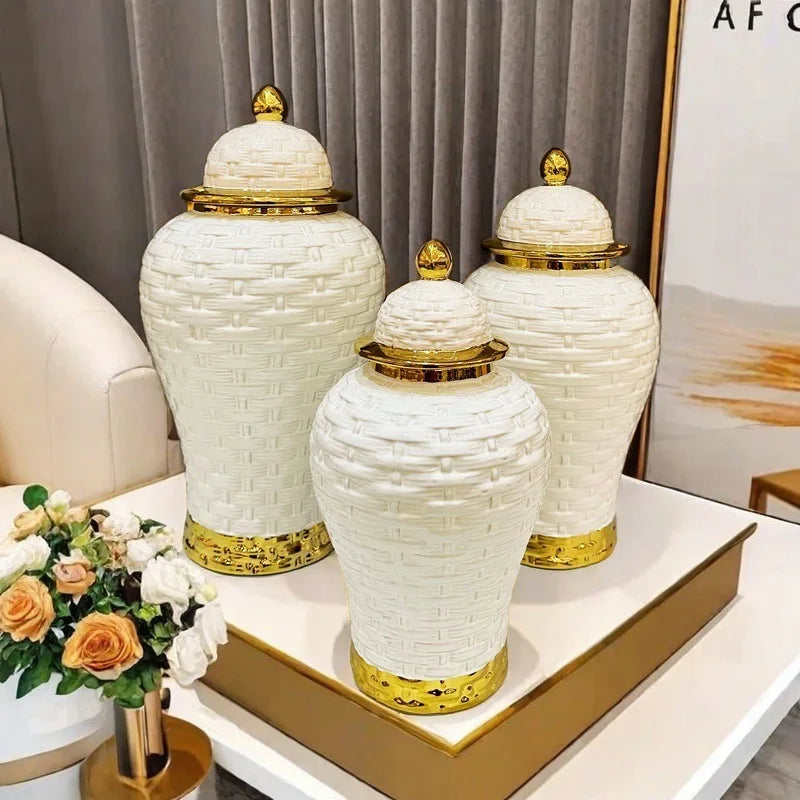 Afralia™ Golden Flower Vase Ceramic Checkmate Jar Weave Pattern Home Decoration Accessories