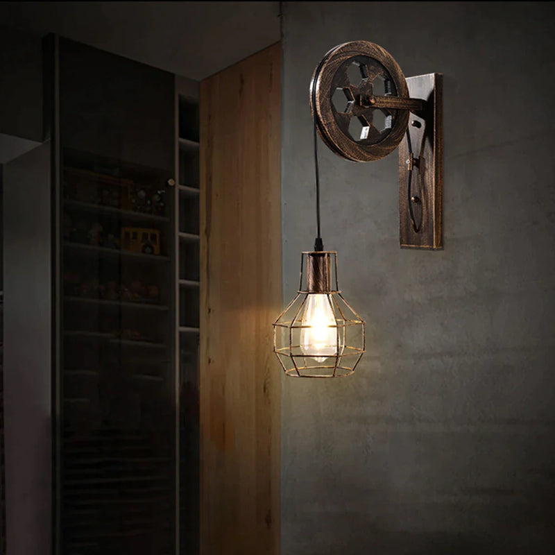 Afralia™ Rustic Retro Metal Wall Sconce Light Fixture Pulley Lifting Indoor Lamp