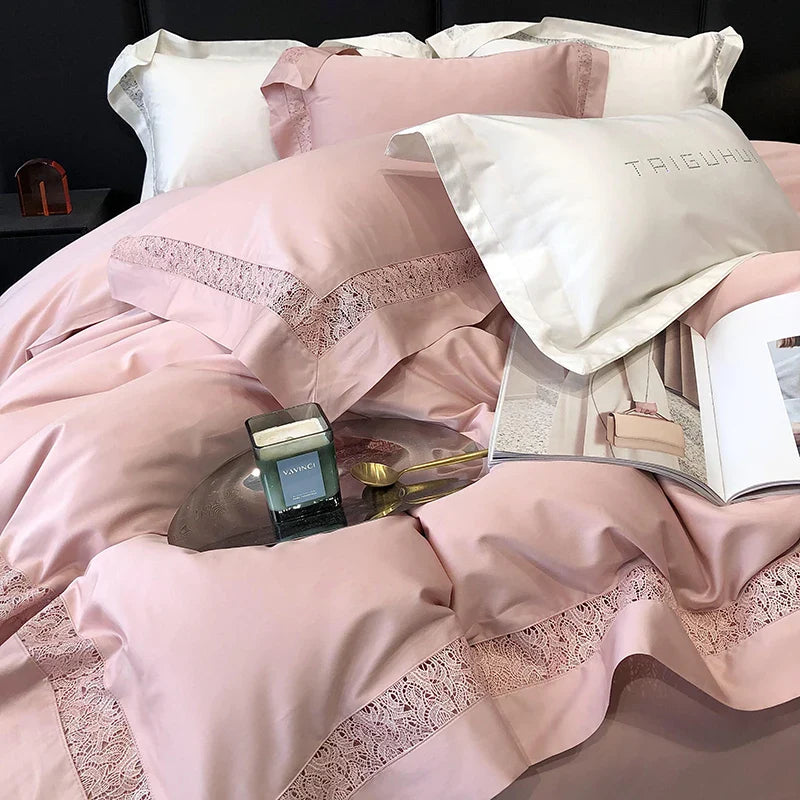 Afralia™ Grey Hollow Lace 1000TC Egyptian Cotton Bedding Set with Wide Edge