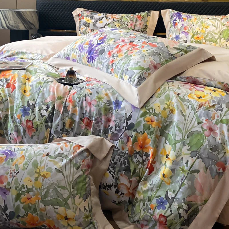 Afralia™ Floral Print 600TC Cotton Bedding Duvet Set with Sheets & Pillowcases