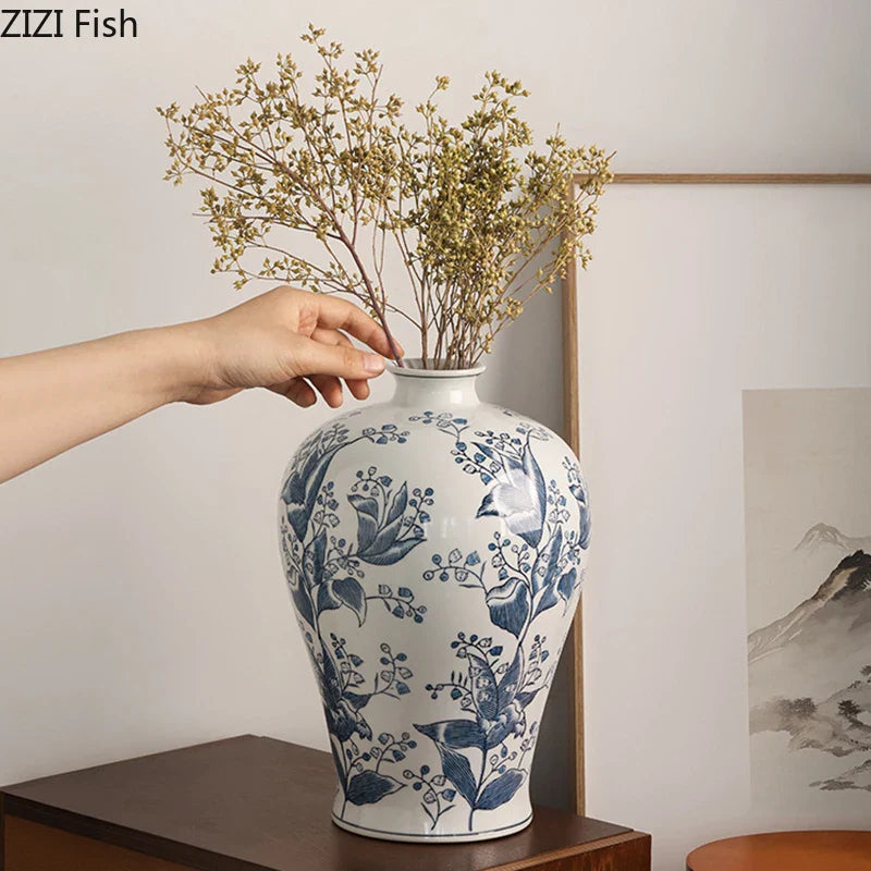 Afralia™ Blue White Porcelain Vase Plant Pots Room Decor Flowers Arrangement