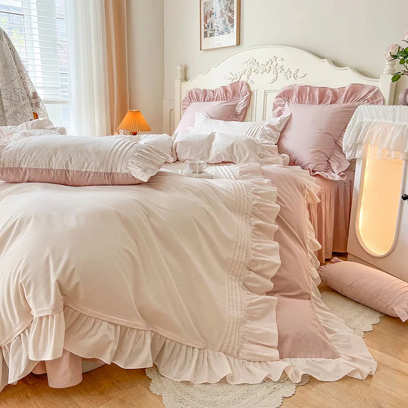 Afralia™ Pink Korean Princess Pleat Ruffles Cotton Bedding Set - 3/4Pcs