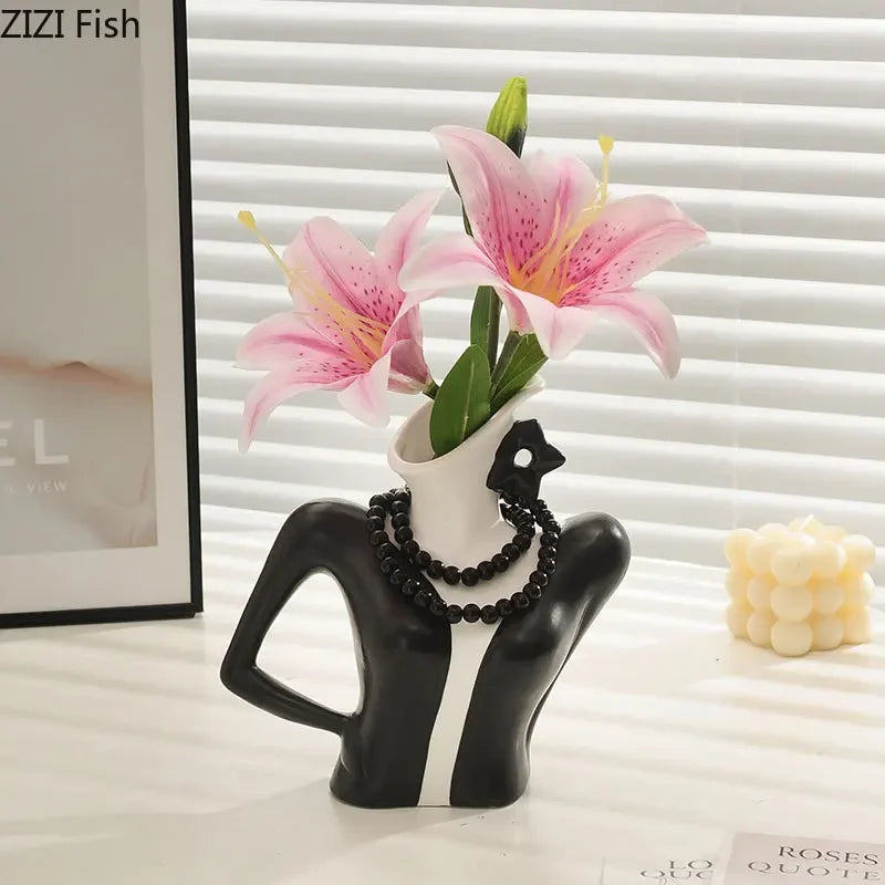 Afralia™ Elegant Dames Ceramic Vase Figure Flower Pot Desk Decoration Room Decor
