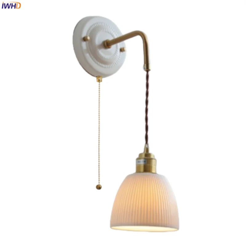 Afralia™ White Ceramic LED Wall Sconce Pull Chain Switch Stair Light Vintage Decor