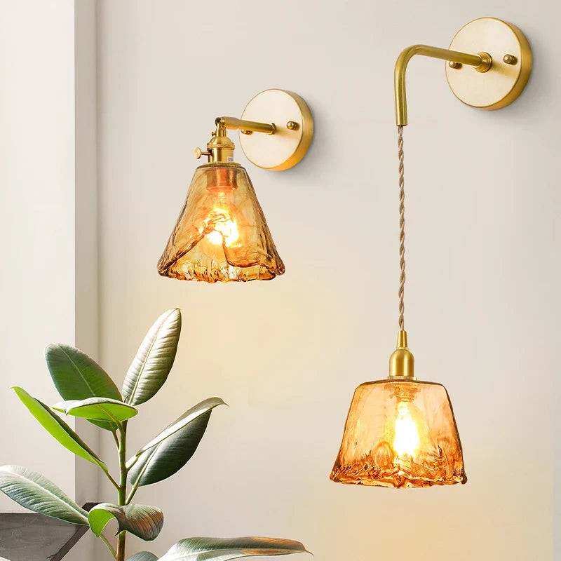 Afralia™ Japanese Amber Glass LED Wall Lamp Copper Vintage Design