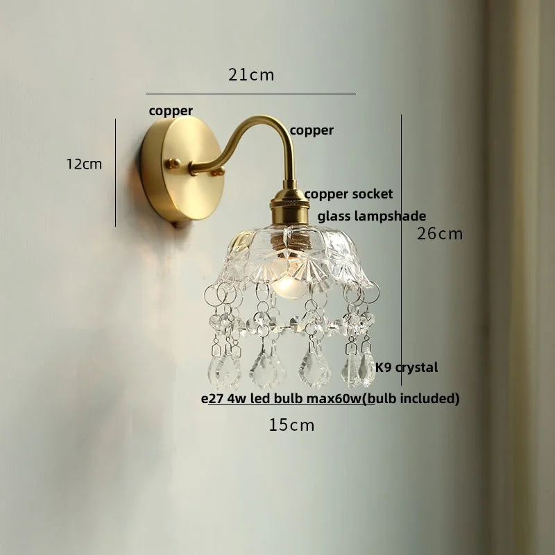 Afralia™ Nordic LED Wall Light with Pull Chain Switch, Crystal Glass Bedside Lamp
