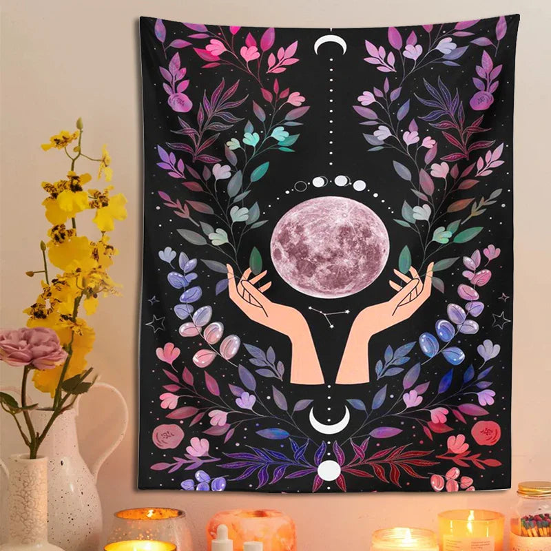 Afralia™ Botanical Moon Tapestry: Psychedelic Boho Wall Art for Magic Crystal Altar & Chakra