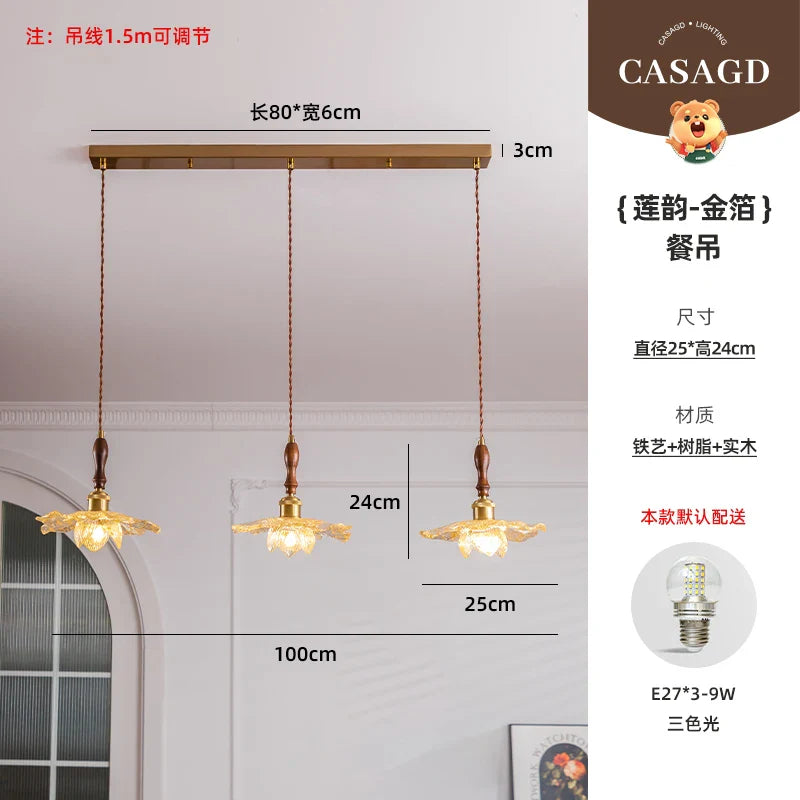 Afralia™ Walnut Wood Petal Pendant Lamp - Three Headed Lotus Rhyme Table Lamp