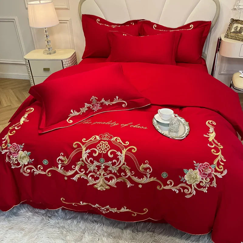 Afralia™ Floral Embroidery Luxury Bed Set - Queen/King Duvet Cover, Sheet, Pillowcases