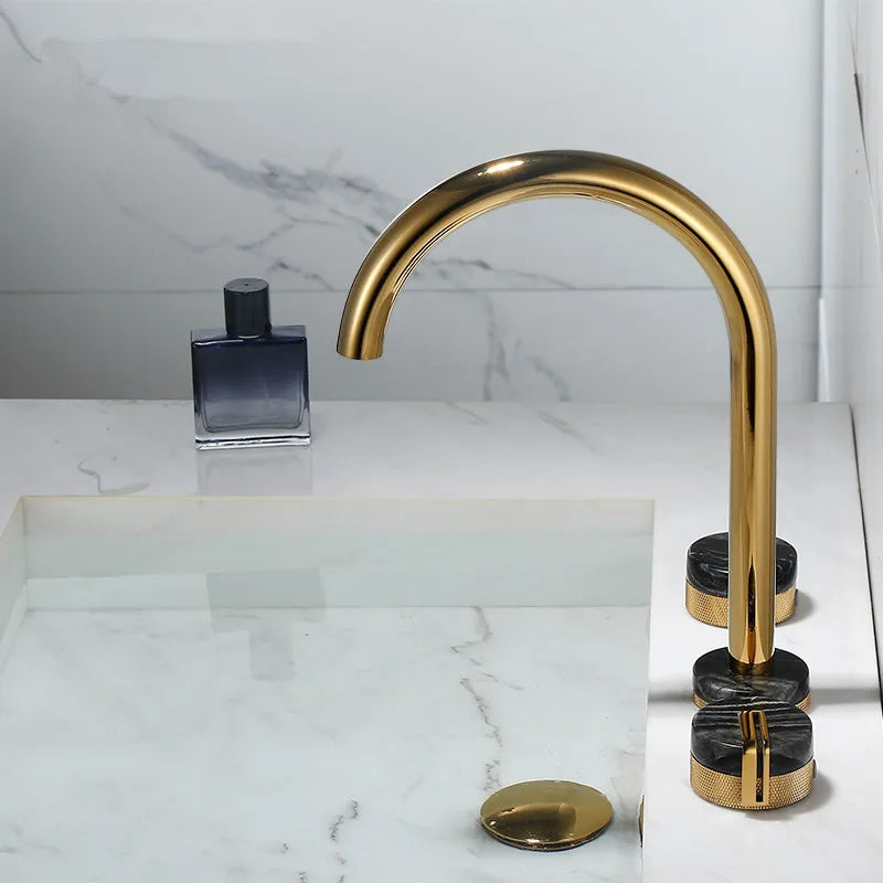 Afralia™ Gold Brass and Marble Widespread Bathroom Faucet 8' Basin Mixer