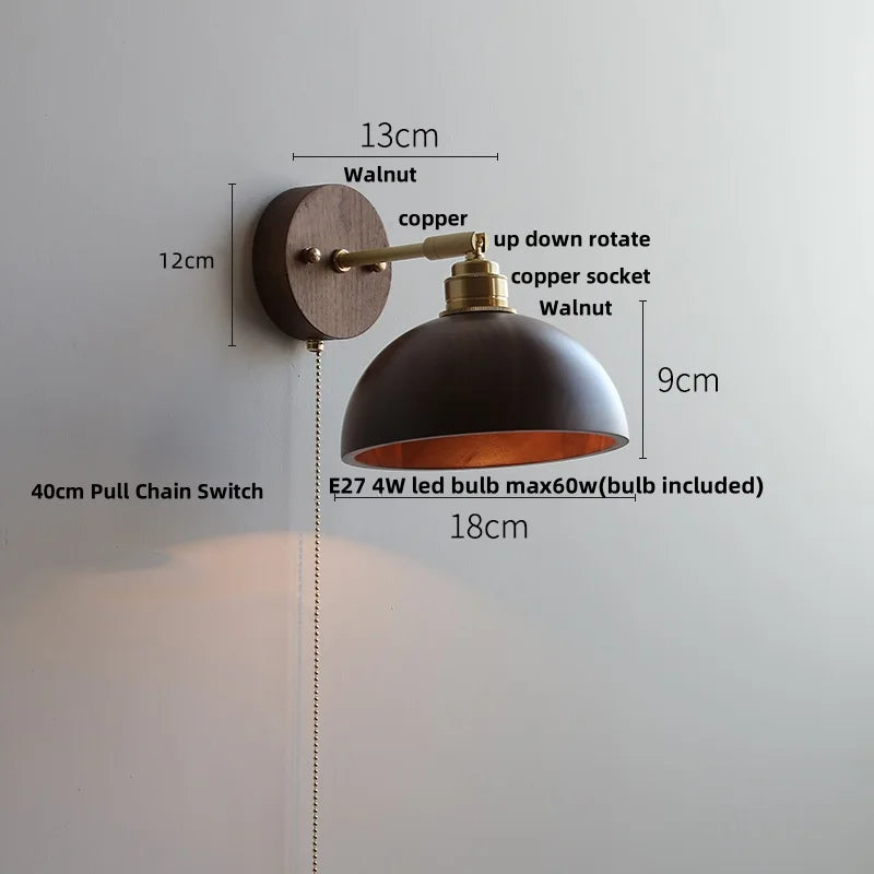 Afralia™ Copper Lampshade LED Wall Sconce Pull Chain Switch Nordic Modern Walnut Wood Mirror Light