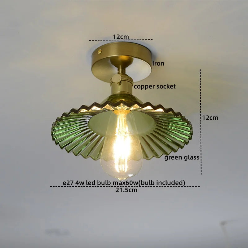 Afralia™ Green Glass LED Ceiling Light Modern Iron Copper Lampara Techo for Home Decor