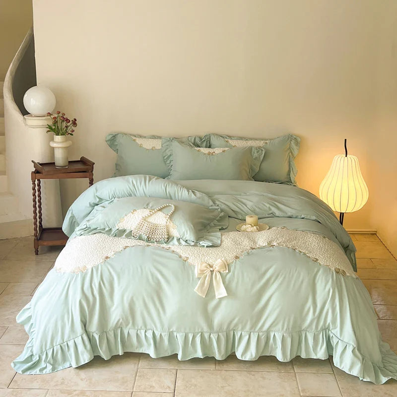 Afralia™ Lace Embroidery Princess Bedding Set - Duvet Cover, Sheet, Pillowcases - Blue Pink Purple