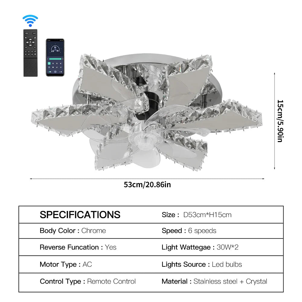 Afralia™ Smart Crystal Chandelier Ceiling Fan with LED Light & Remote Control